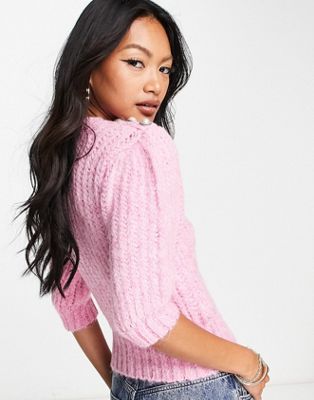 River Island cable knit bubble jumper with pearl trim in bright pink