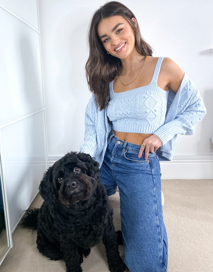 River Island cable knit cardigan and bralet set in blue-Blues
