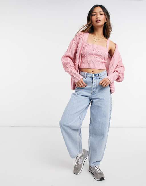 River Island cable knit cardigan and bralet set in pink | ASOS