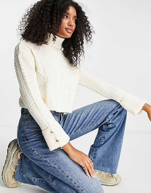 Women River Island cable knit cropped funnel neck jumper in cream 