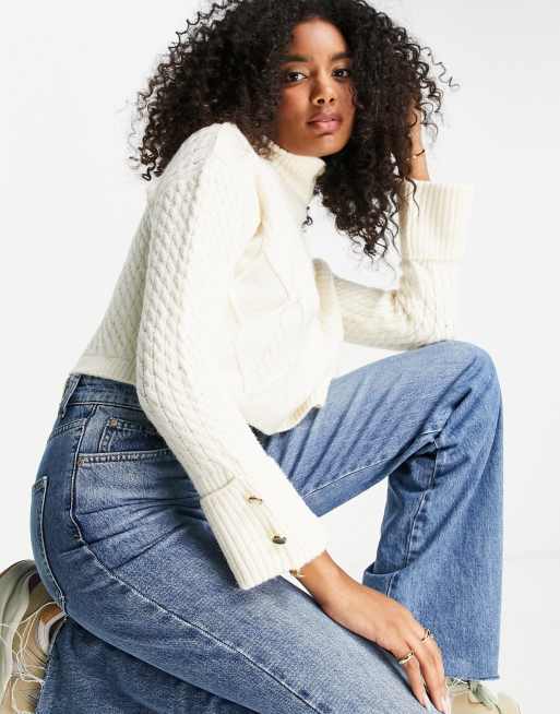 River Island cable knit cropped funnel neck jumper in cream | ASOS