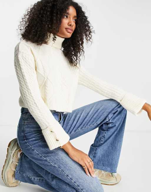 River Island cable knit cropped funnel neck sweater in cream