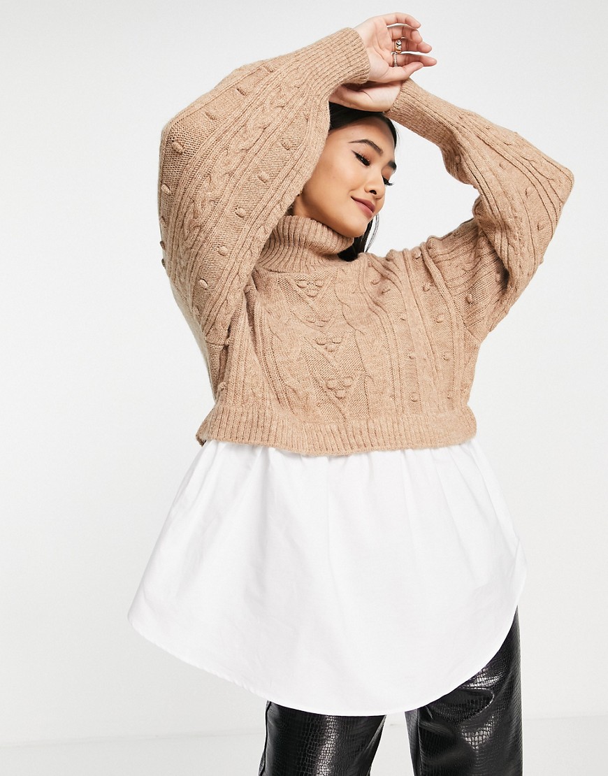 River Island cable knit cropped hybrid sweater in brown