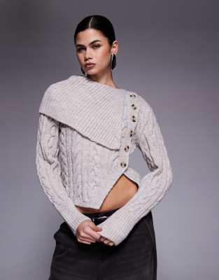 River Island Cable Knit Fold Over Sweater In Neutral