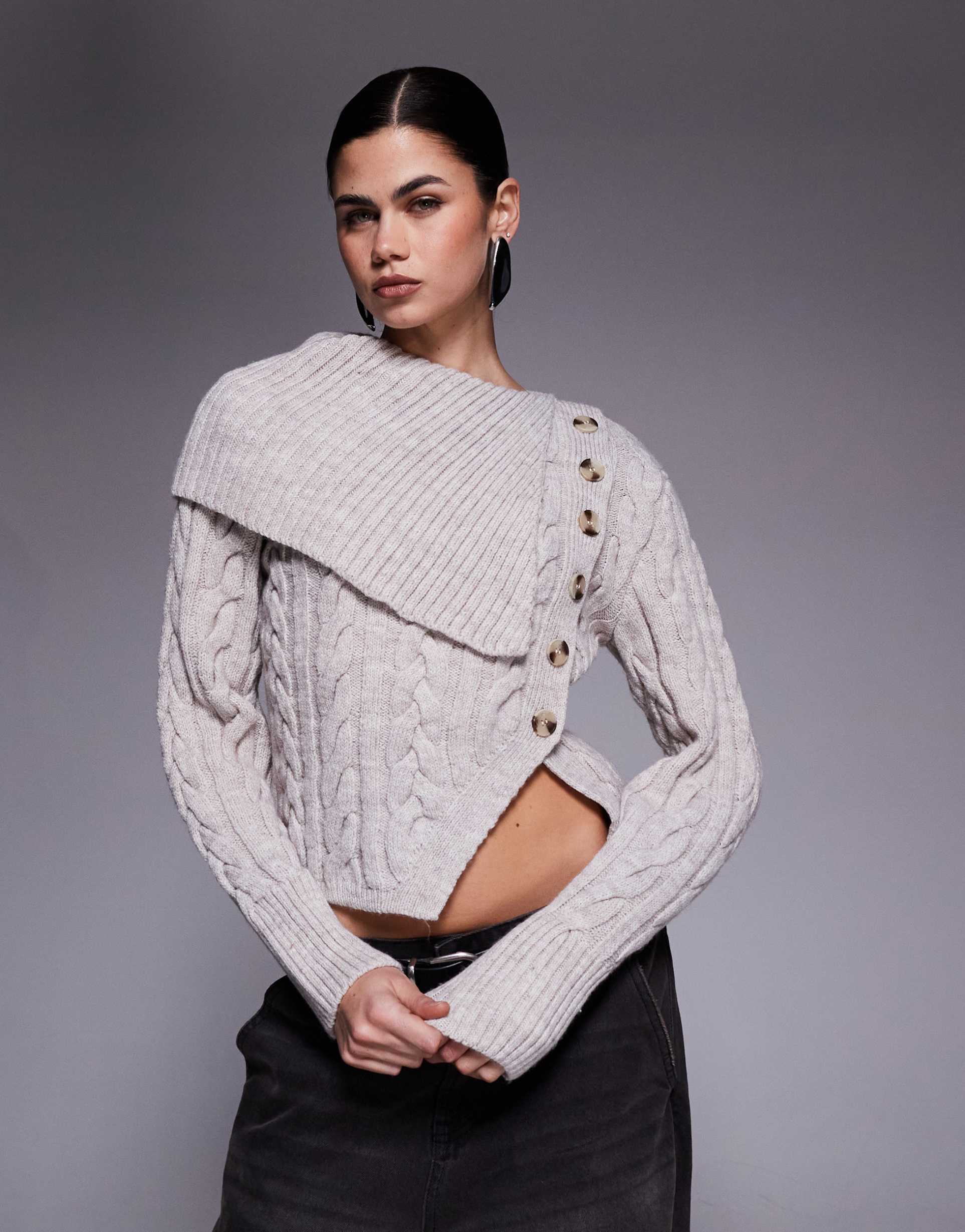 river island cable knit fold over sweater in beige - light