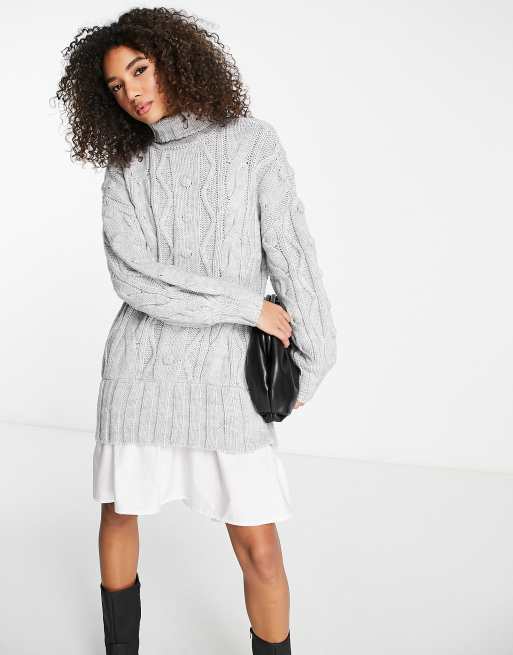 ASOS DESIGN knitted cable mini sweater dress in gray