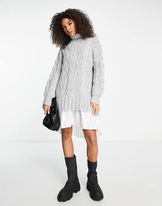 River Island cable knit hybrid sweater mini dress in gray