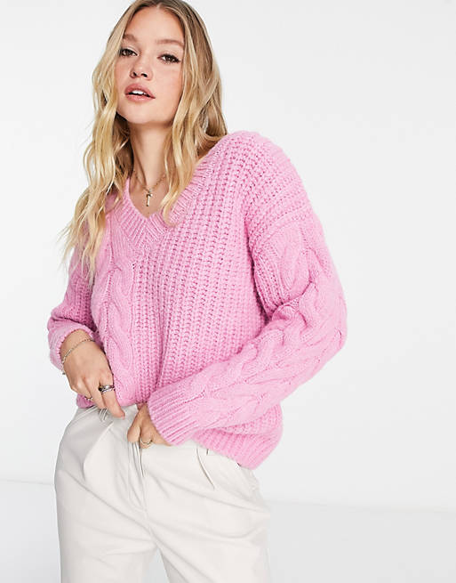River Island cable knit jumper in bright pink | ASOS