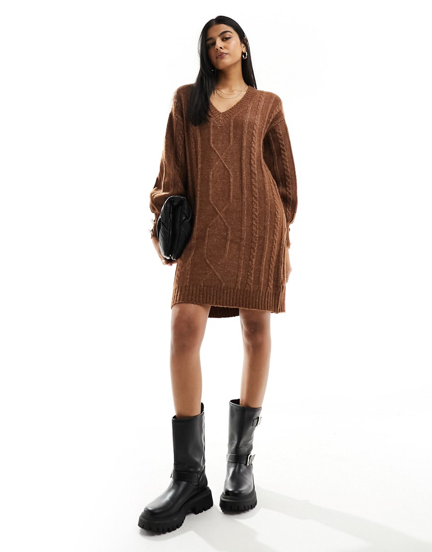 River Island Cable knit jumper mini dress in brown