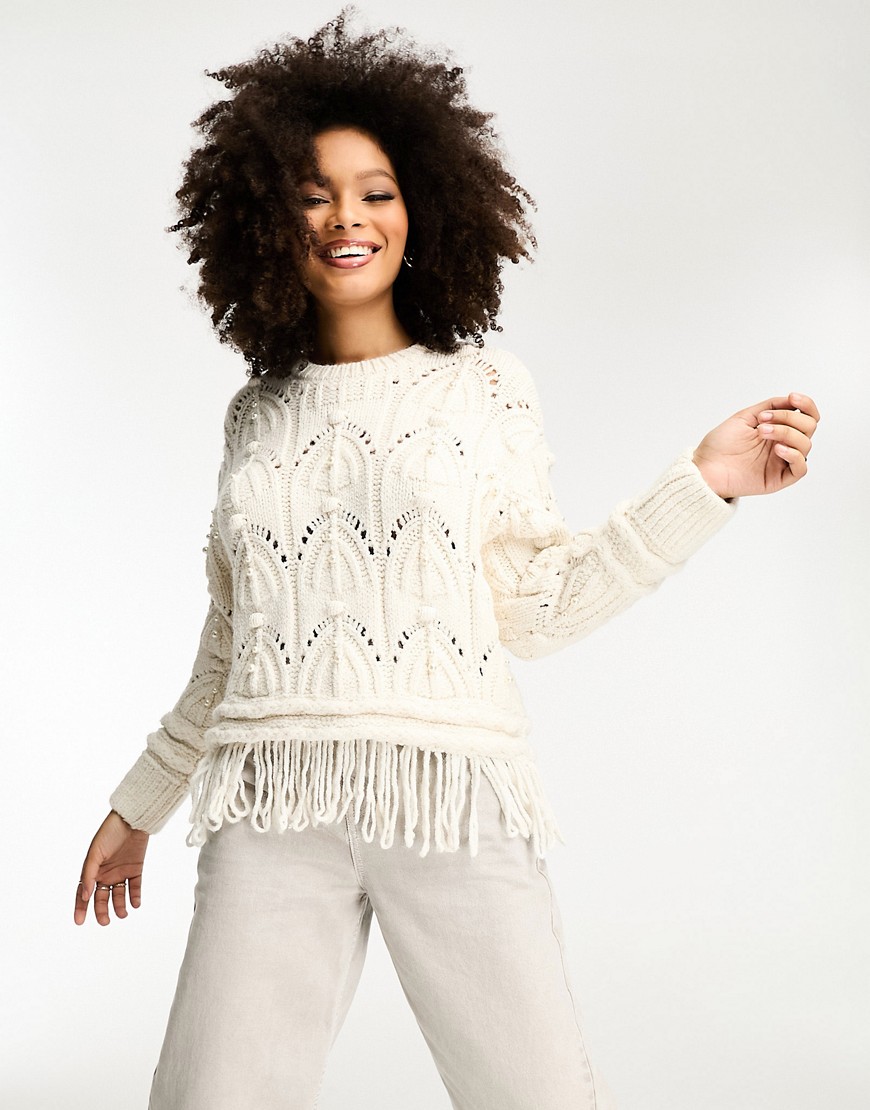 River Island cable knit jumper with pearl embellishment in cream-White