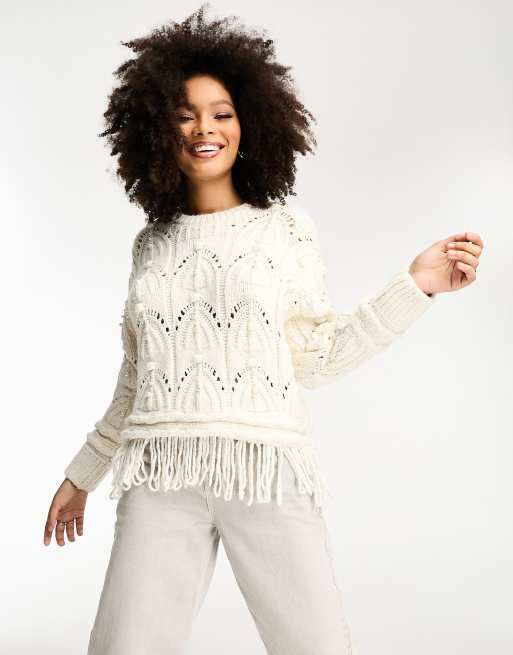 River Island cable knit jumper with pearl embellishment in cream