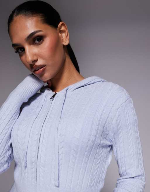 River Island cable knit loungewear hoodie co-ord in blue, 2 of 4