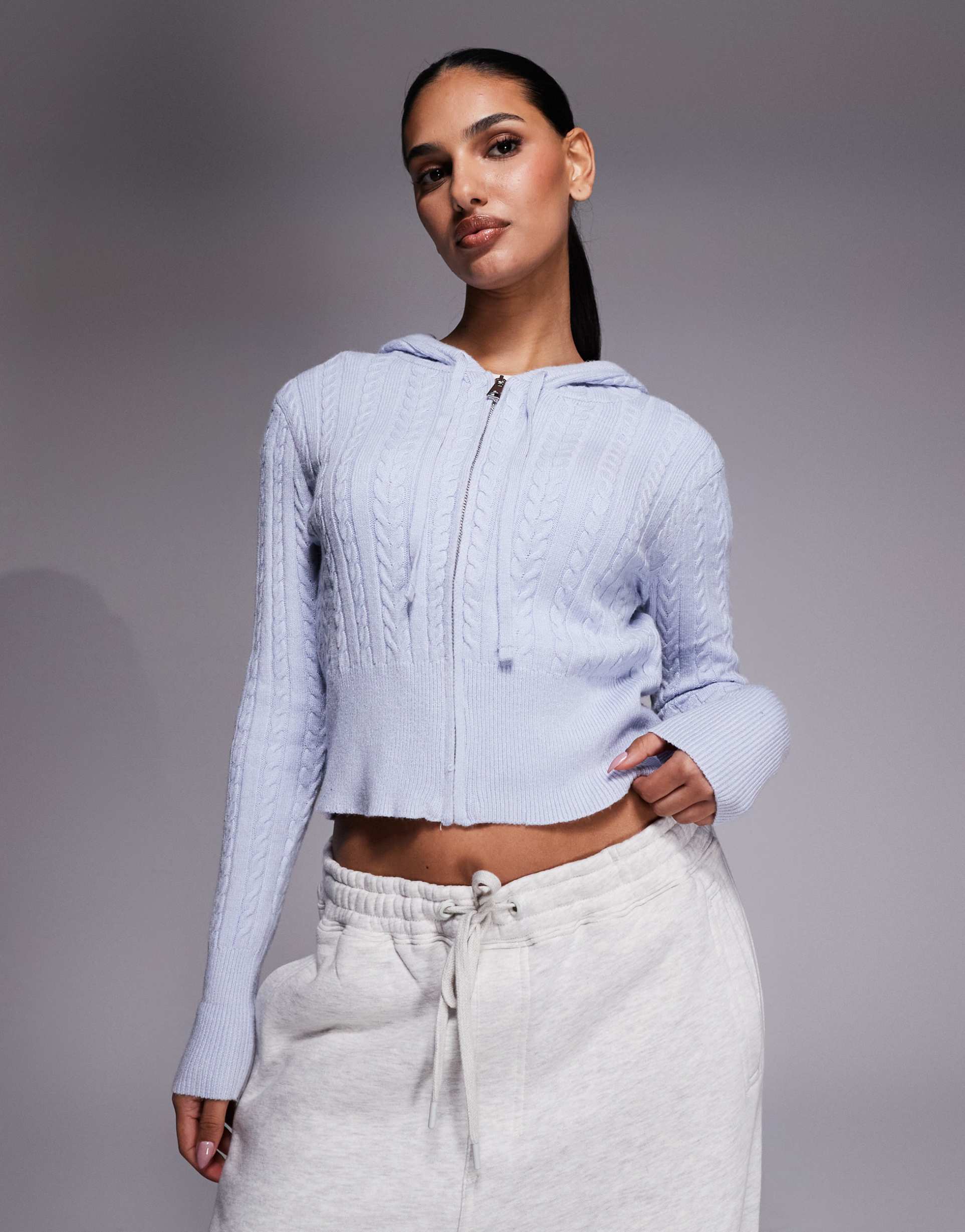 river island cable knit loungewear hoodie in blue - part of a set