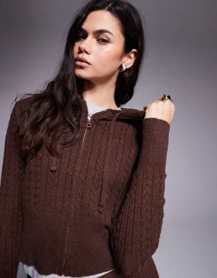River Island Cable Knit Loungewear Hoodie In Brown