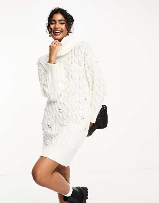  River Island cable knit mini dress with pearl embellishment in cream