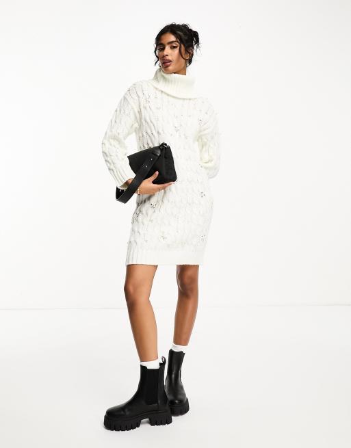 River Island cable knit mini dress with pearl embellishment in