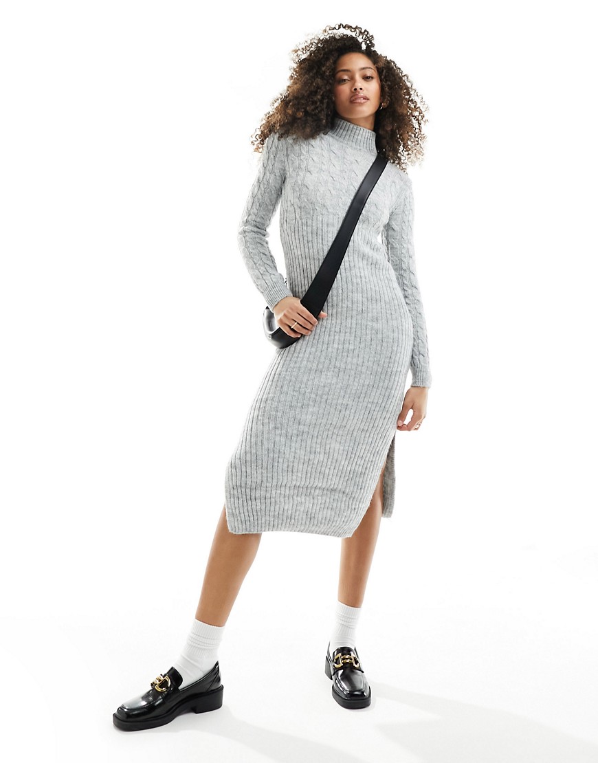 Shop River Island Cable Knit Sweater Midi Dress In Gray