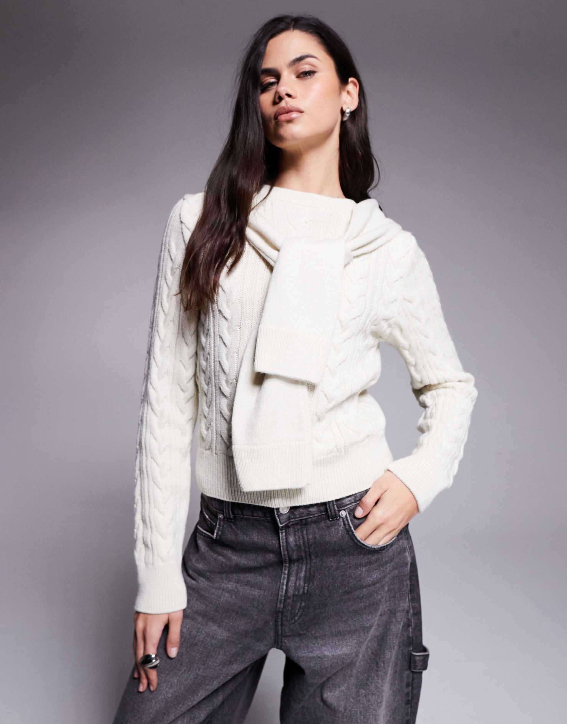 river island cable knit tie neck detail sweater in cream