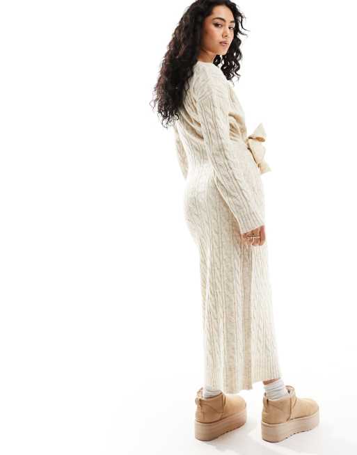 River Island Cable knit wrap jumper midi dress in beige - light | ASOS