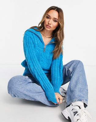 River Island cable knit zip detail jumper in blue - ASOS Price Checker