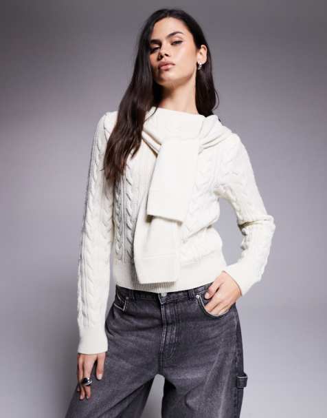 River Island cable tie neck detail jumper in cream