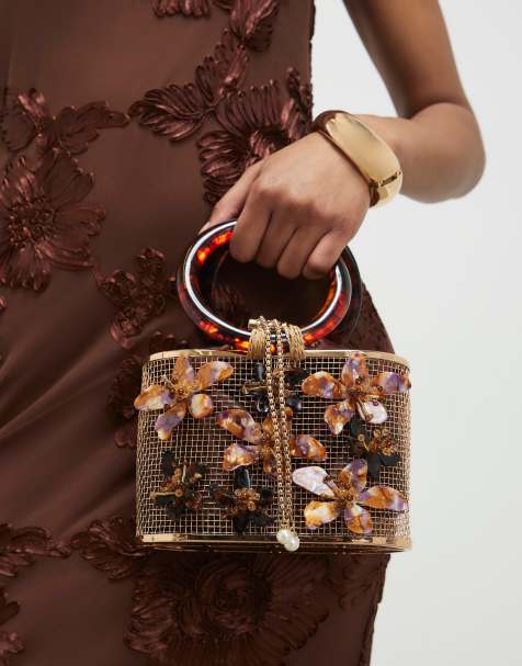 River Island cage bag with floral detail in dark brown - view 1