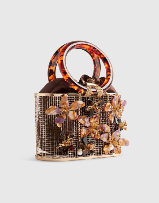 River Island cage bag with floral detail in dark brown, 2 of 4