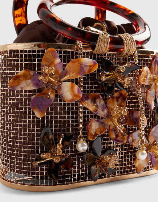 River Island cage bag with floral detail in dark brown, 3 of 4