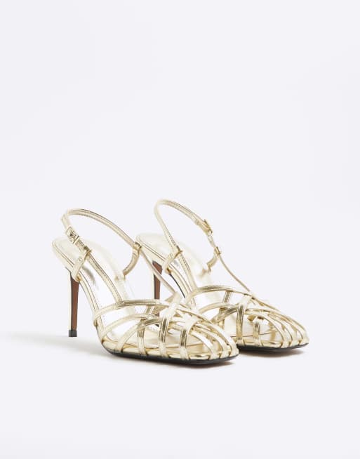 River Island Caged square toe heeled sandals in gold