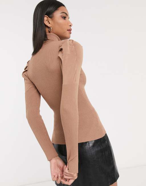 River Island - Camel-farvet trøje med rullekrave og pufærmer, 2 af 4