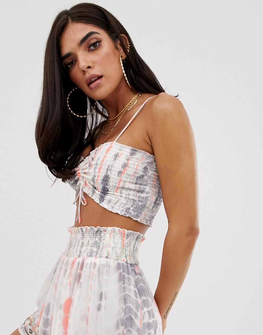 River Island cami crop top with tie front in white tie dye