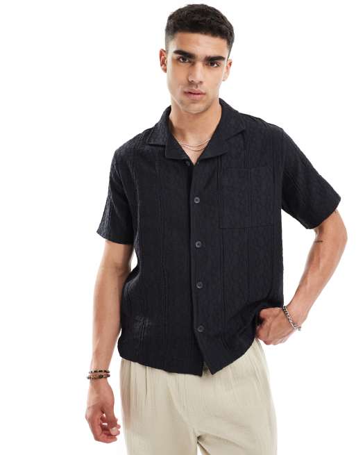 River Island - Camicia a maniche corte blu navy all'uncinetto 