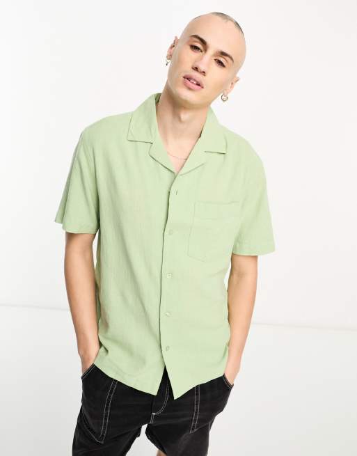 River Island - Camicia a maniche corte in misto lino verde chiaro