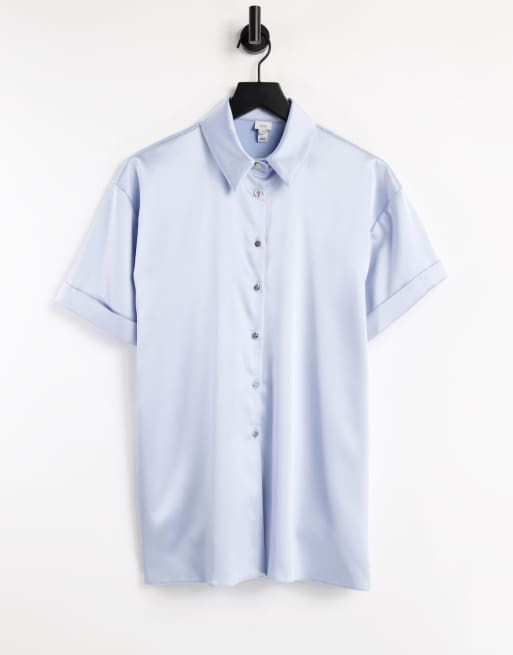 River Island - Camicia a maniche corte in raso blu in coordinato