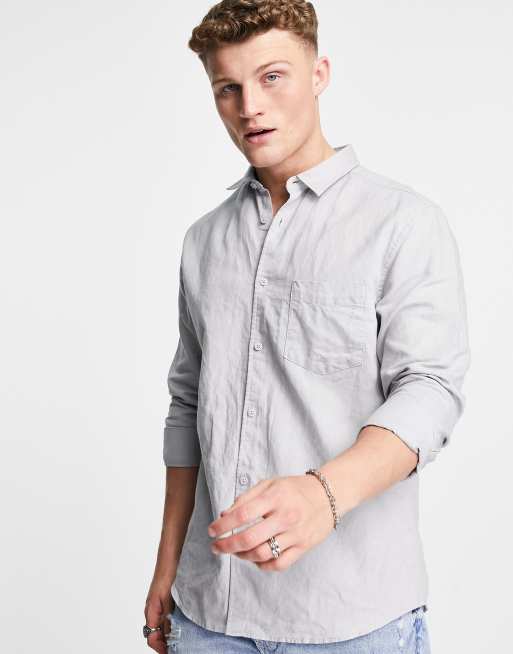 River Island - Camicia a maniche lunghe in lino, colore grigio chiaro