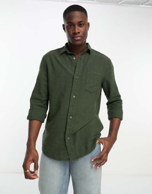 River Island - Camicia a maniche lunghe kaki in crêpe di lino con tasca