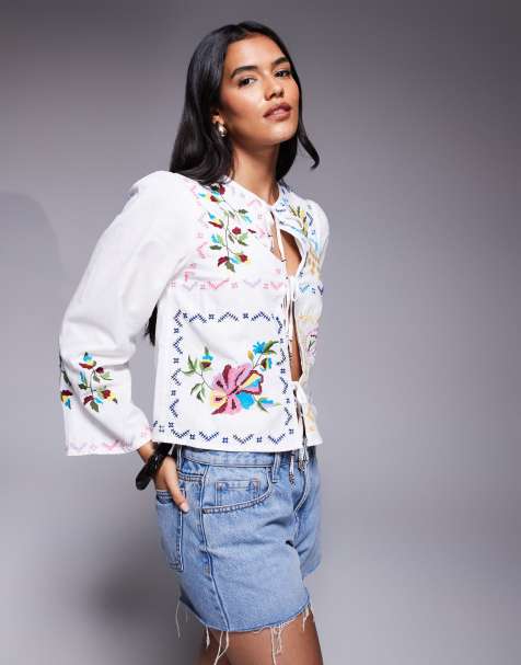 River Island - Camicia allacciata sul davanti bianca con ricamo - view 1