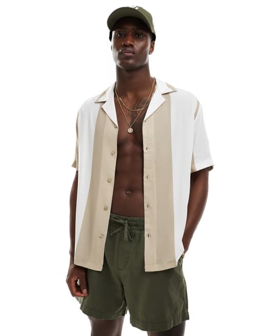 River Island - Camicia beige a righe con colletto rever