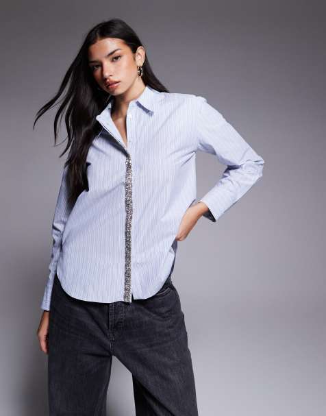 River Island - Camicia blu a righe con finiture in strass - view 1