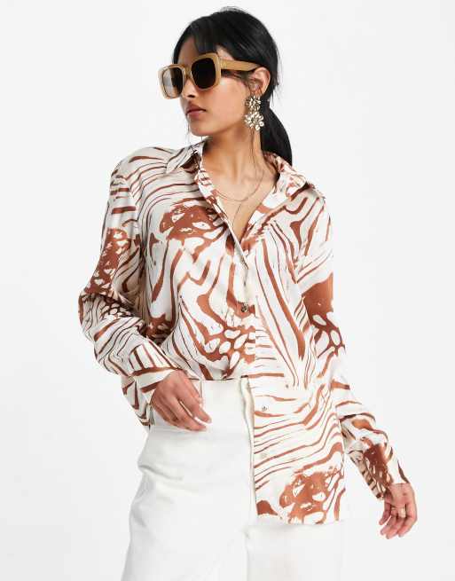 River Island - Camicia boyfriend in raso marrone animalier