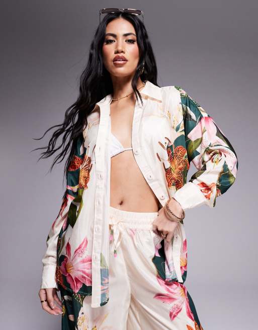 River Island - Camicia da mare color crema con stampa botanica in coordinato