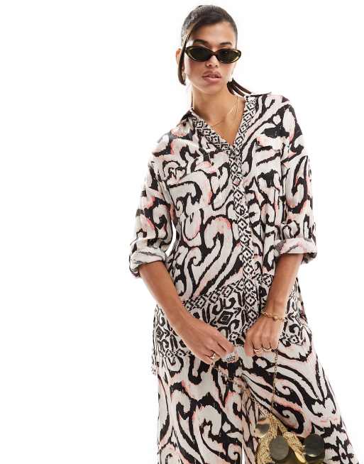 River Island - Camicia da spiaggia stampata color panna in coordinato