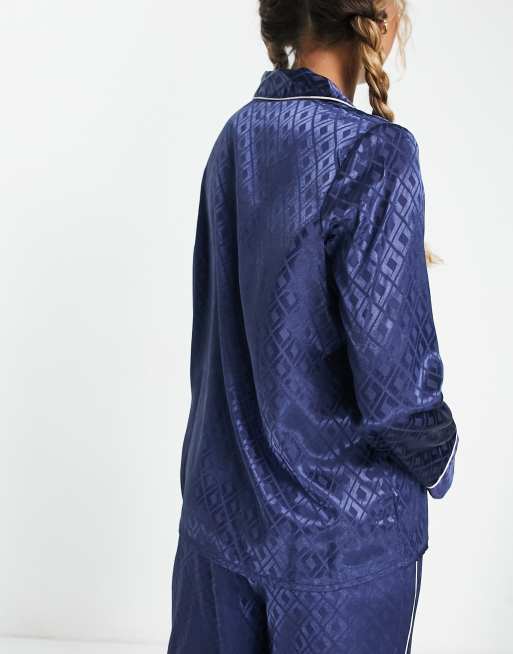 River Island - Camicia del pigiama in raso blu jacquard, 2 di 4