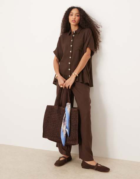 River Island - Camicia effetto lino marrone con maniche allacciate - view 1