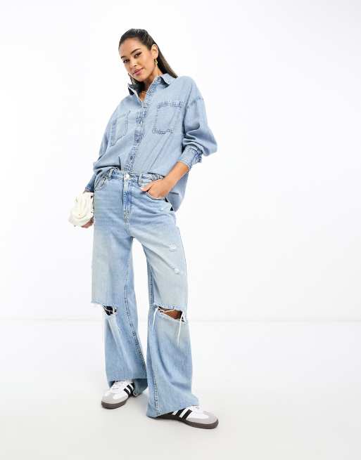 River Island - Camicia in denim a maniche lunghe, colore blu