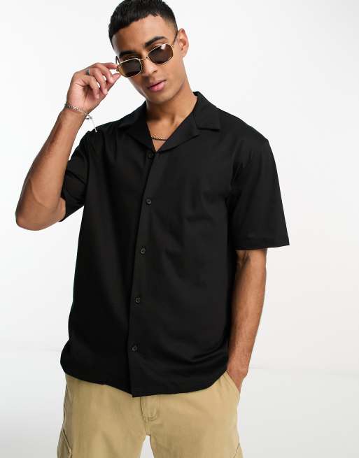 River Island - Camicia in jersey a maniche corte nera con rever
