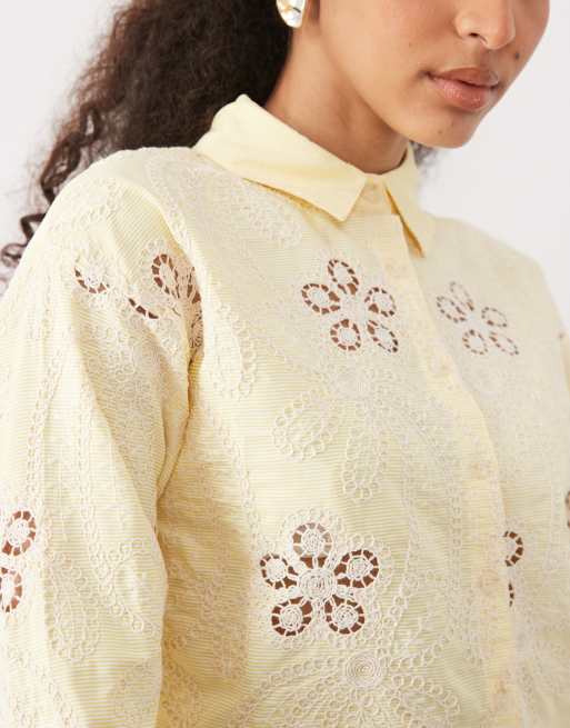 River Island - Camicia in pizzo traforata gialla, 3 di 4