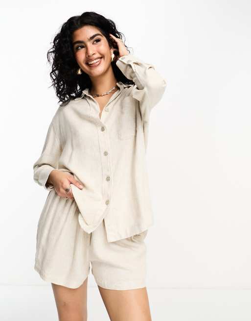 River Island - Camicia oversize color pietra in lino in coordinato