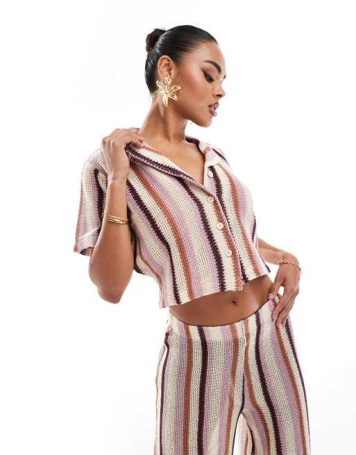 River Island - Camicia polo rosa medio in maglia a righe in coordinato