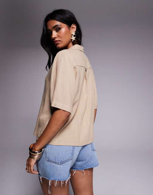 River Island - Camicia squadrata in misto lino color pietra, 4 di 4
